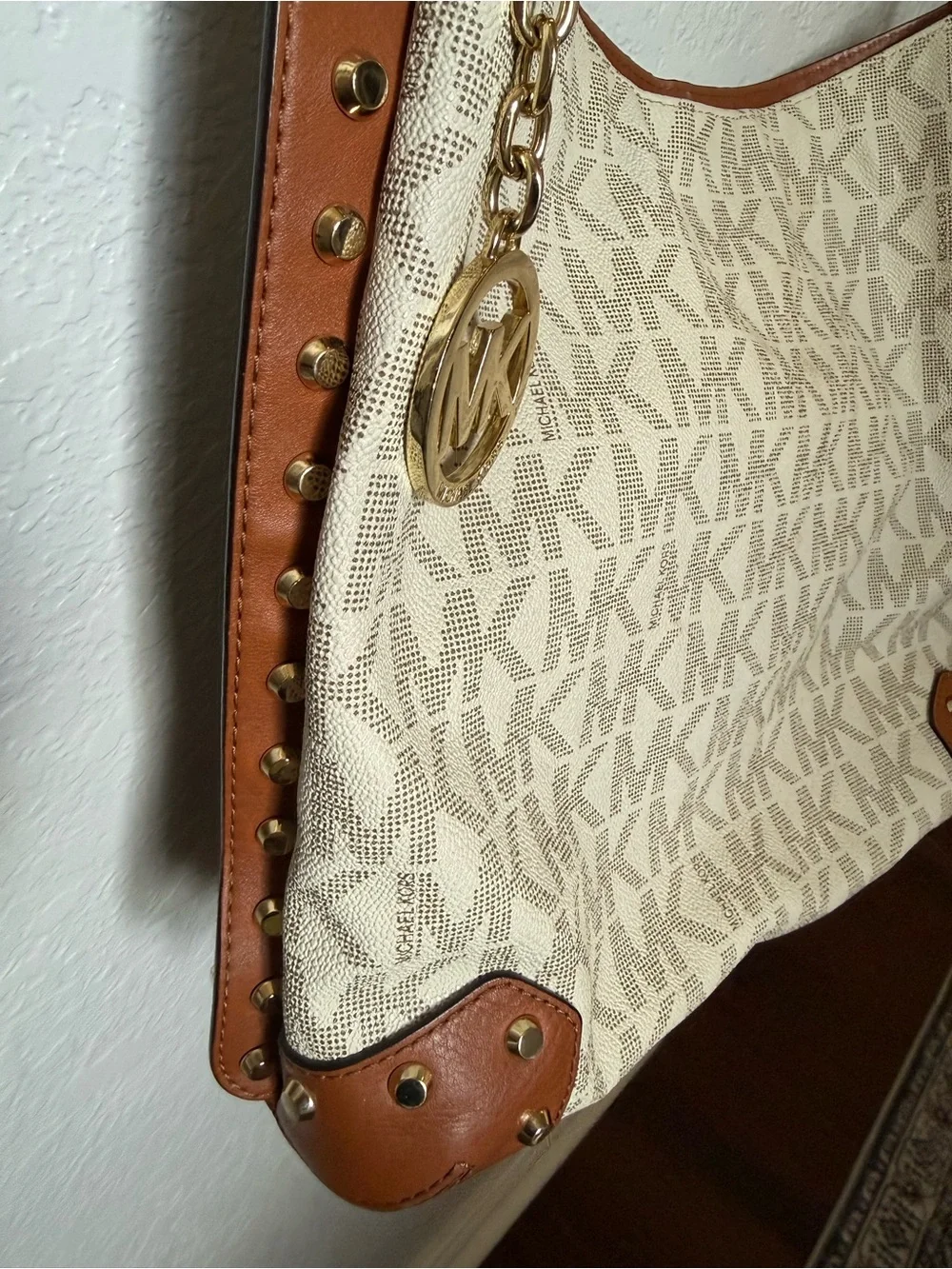 Michael Kors Cream MK Logo Shoulder Bag with Brown Trim
